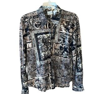 Chico’s Sz M Sheer Stretchy Paisley Buttondown Blouse Brown Black Mesh